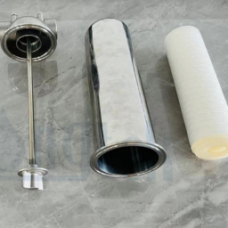 Three components: a stainless steel tube, a cylindrical filter, and a mesh screen.