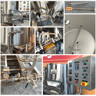 Collage of industrial machinery components and control panel with pipes and instruments.