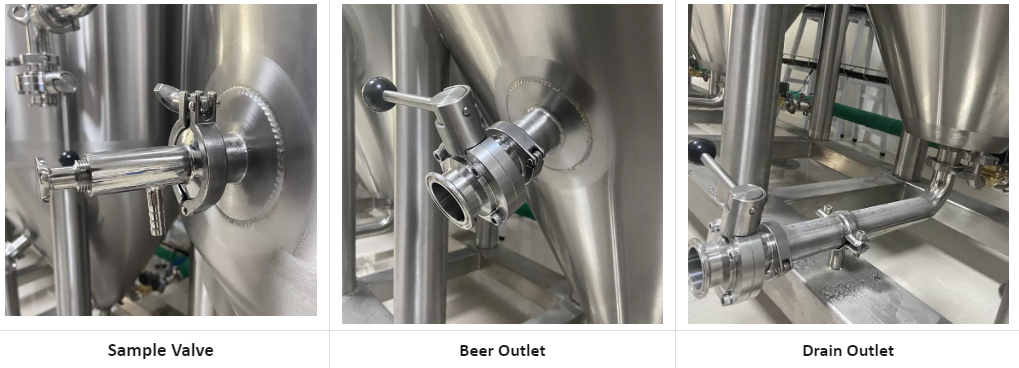 Three metallic pipes with valves: sample, main, and drain on a brewing system.