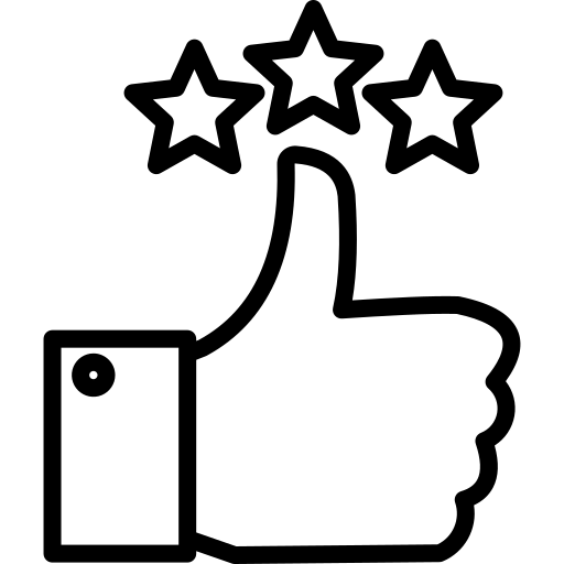 Image of thumbs up icon with three stars above it, symbolising approval or positive feedback.