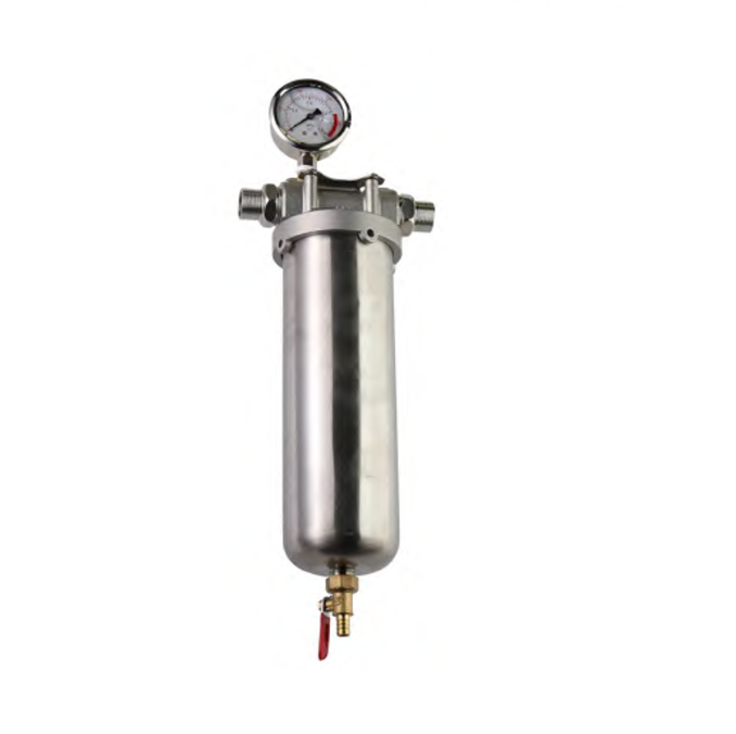Stainless steel water filter with pressure gauge and multiple connection ports.