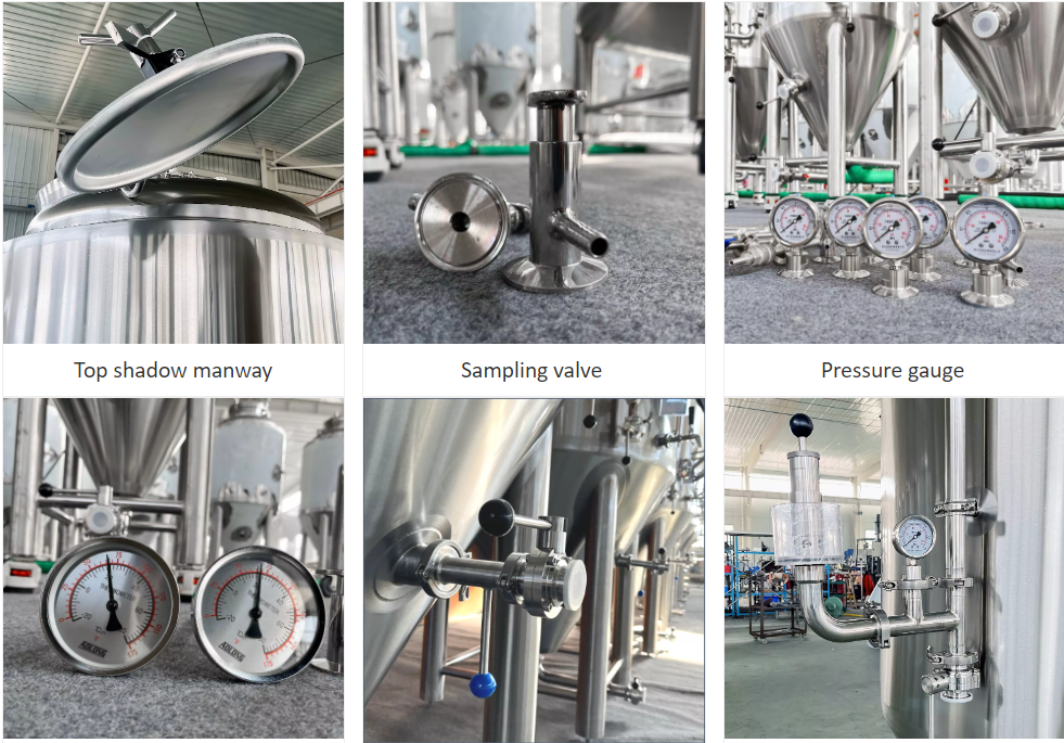 Various stainless steel brewery equipment with valves, gauges, and sampling points.