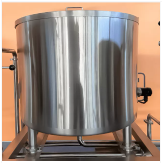 Stainless steel tank on a metal stand with pipes and valves.