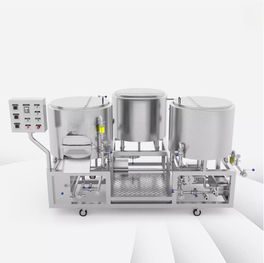A three-tank industrial processing system with control panel.